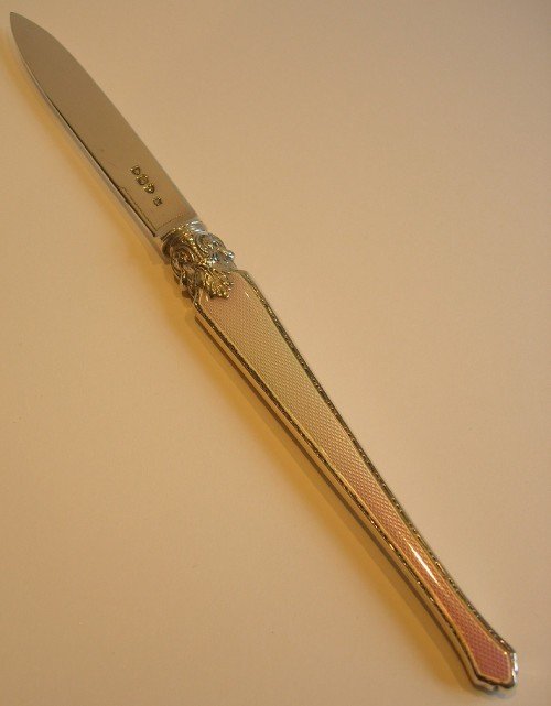 Antique English Sterling Silver & Pink Guilloche Enamel Letter Opener