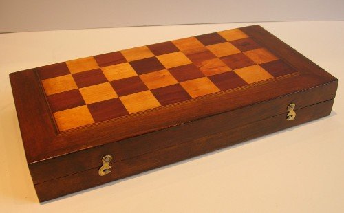 fig 1. Antique English Walnut Chess / Backgammon Board / Box - Plus Chess Set
