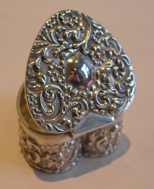 Antique English Sterling Silver Heart Shaped Box - Edwardian
