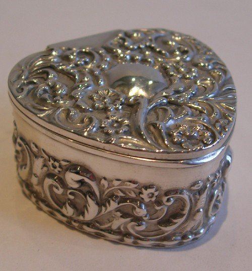 fig 1. Antique English Sterling Silver Heart Shaped Box - Edwardian