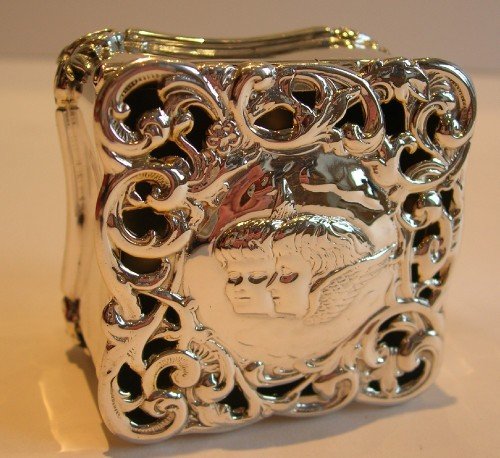 Antique English Sterling Silver Pot Pourri Box - Pair Winged Cherubs / Angels