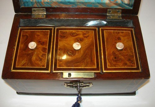 fig 1. Magnificent 18th Century Tea Caddy - Burr Elm & Mahogany - Exquisite Inlay c.1765