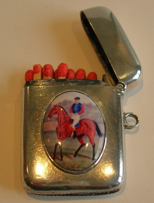 Antique English Sterling Silver Vesta Case - Hand Painted Equestrian Plaque - Jockey on Horse