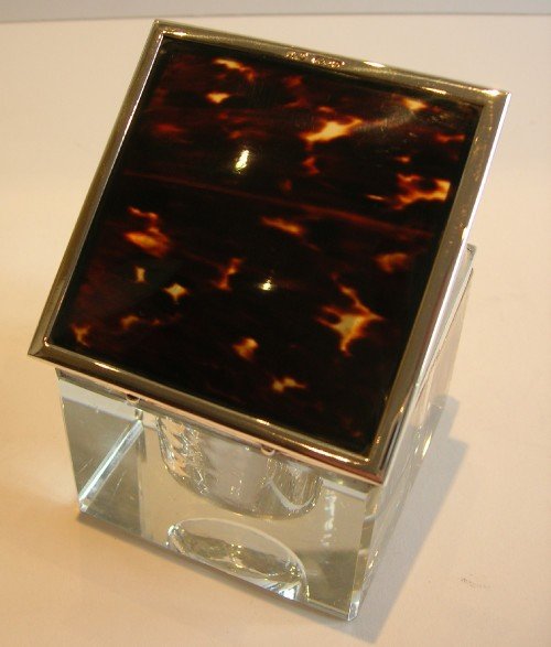 Fabulous Large Crystal, Sterling Silver & Tortoiseshell Inkwell - 1930