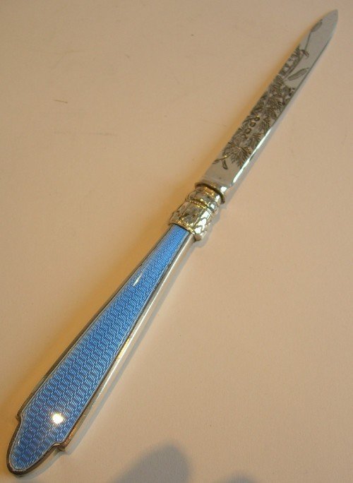 Antique English Sterling Silver & Blue Guilloche Enamel Letter Opener