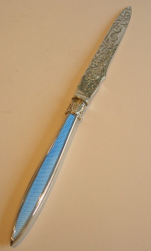 Antique English Sterling Silver & Blue Guilloche Enamel Letter Opener