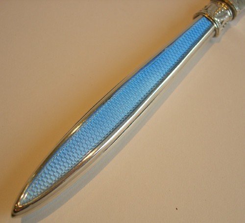 fig 1. Antique English Sterling Silver & Blue Guilloche Enamel Letter Opener