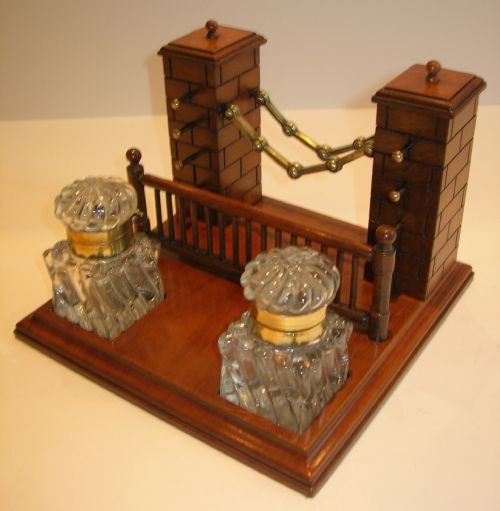 Unusual Figural Antique English Inkstand / Inkwell - Bridge / Castle with Stamp Boxes