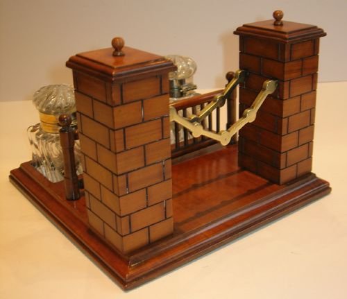 fig 1. Unusual Figural Antique English Inkstand / Inkwell - Bridge / Castle With Stamp Boxes