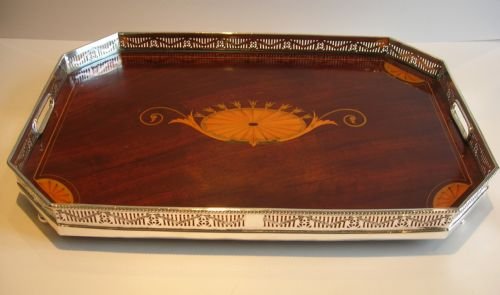Fabulous Antique English Inlaid Mahogany Serving Tray - Silver Plate Gallery C.1900