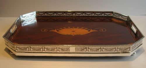 fig 1. Fabulous Antique English Inlaid Mahogany Serving Tray - Silver Plate Gallery c.1900