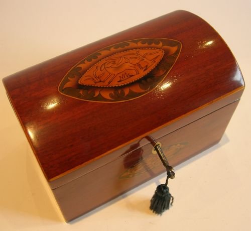 English Georgian Mahogany Tea Caddy Inlaid with a Dog C.1800