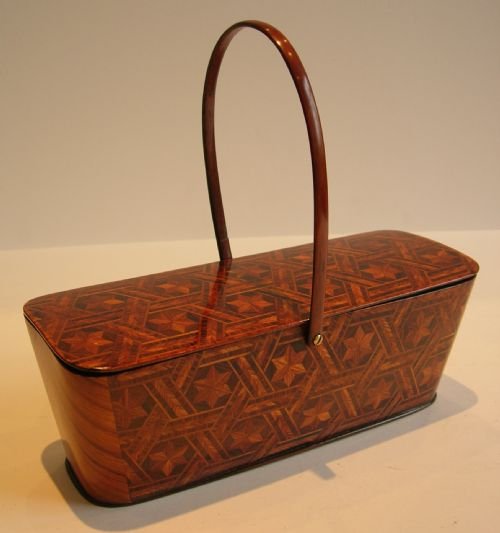Rare Antique Kingwood & Tulipwood Basket Shaped Box - Paris Dated 1855