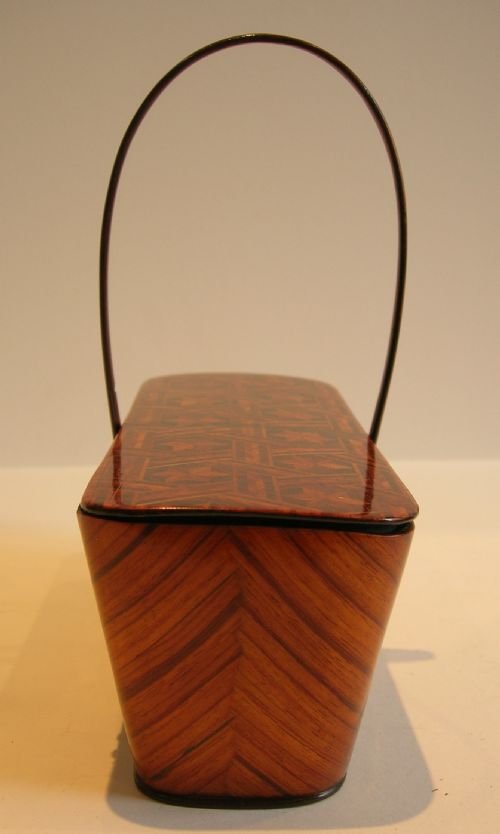 fig 1. Rare Antique Kingwood & Tulipwood Basket Shaped Box - Paris Dated 1855