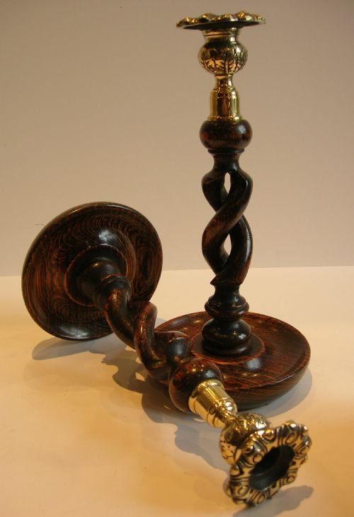 Pair Antique English 10" Oak Open Barley Twist Candlesticks - Brass Thistle Tops