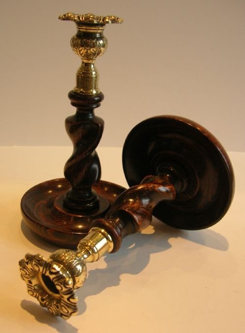 Handsome Pair Solid Oak Barley Twist Candlesticks - Brass Thistle Tops
