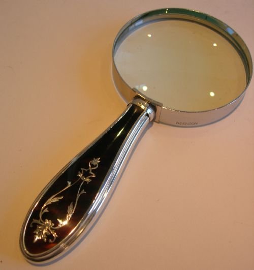 English Tortoise Shell & Sterling Silver Handled Magnifying Glass - Pique Inlay