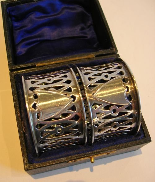 Boxed Pair Antique English Sterling Silver Napkin Rings - 1901