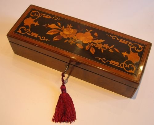 Magnificent Antique French Olivewood Fall-front Glove Box - Marquetry Inlaid