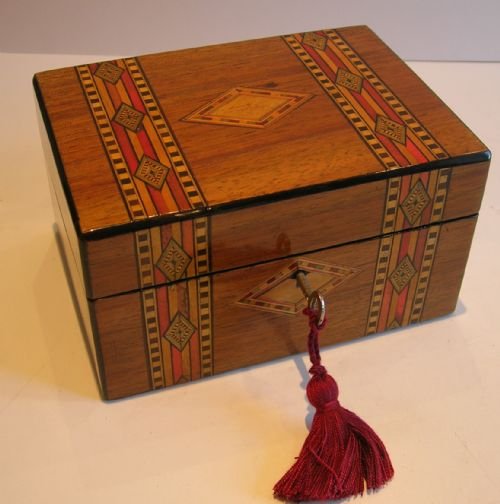 English Victorian Walnut Jewelry Box C.1860; Parquetry Inlaid.