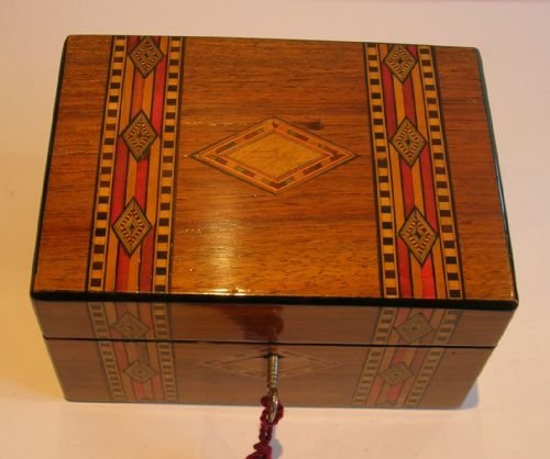 fig 1. English Victorian Walnut Jewelry Box c.1860; Parquetry Inlaid.