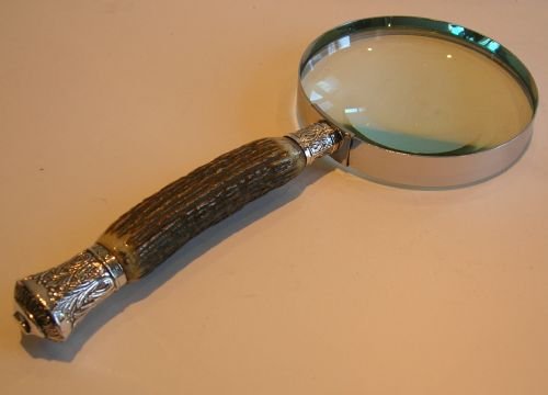 Large Antique Antler Horn & Sterling Silver Magnifying Glass - 1882