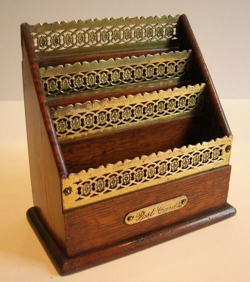 Antique English Oak & Brass Post Cards Caddy C.1890 / 1900
