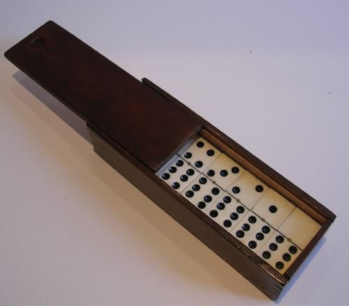 Antique English Boxed Set Bone & Ebony Wood Dominoes C.1890