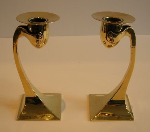 Magical Arts & Crafts Brass Candlesticks / Signed / Reg. For 1905