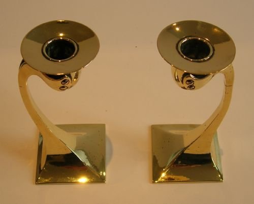 fig 1. Magical Arts & Crafts Brass Candlesticks / Signed / Reg. For 1905