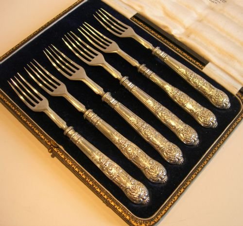 Set Six English Victorian Sterling Silver Cake / Pastry / Desert Forks - Kings Pattern