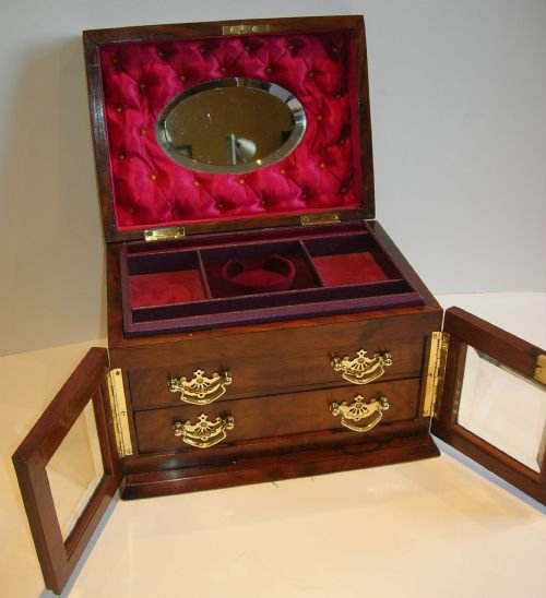Large Antique English Walnut Jewellery Box / Cabinet - Bevelled Glass Doors C.1890