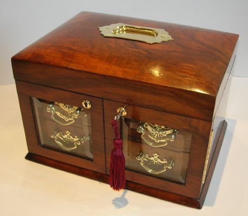 fig 1. Large Antique English Walnut Jewellery Box / Cabinet - Bevelled Glass Doors c.1890