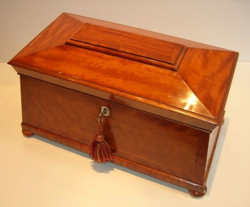 fig 1. Fabulous Large Regency Tea Caddy In Satinwood - Double Canister Interior c.1820