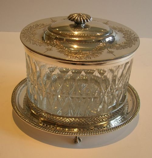 Grand Large Cut Crystal & Silver Plate Biscuit Box by Atkin Brothers, C.1880