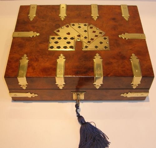 Handsome Antique English Walnut Playing Card / Games Box - Brass Bound C.1880
