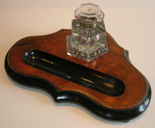 Antique English Burl Walnut Inkstand / Inkwell C.1860 - Ebony & Boxwood Inlaid
