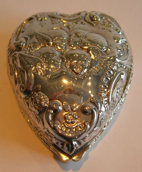 Antique English Sterling Silver Heart Box - Reynold's Angels - 1900