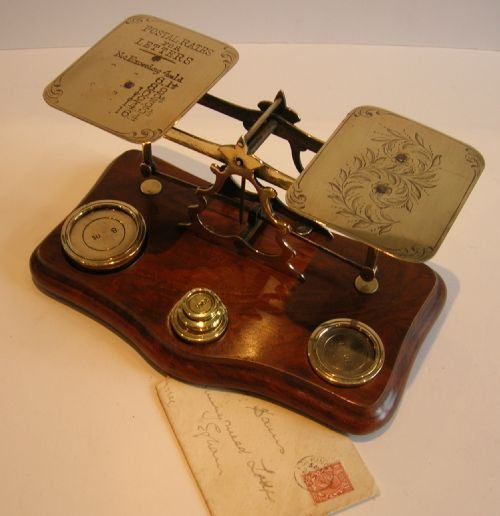 Beautiful Antique English Letter / Postal Scale - Walnut & Engraved Brass C.1900