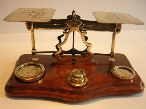 fig 1. Beautiful Antique English Letter / Postal Scale - Walnut & Engraved Brass c.1900