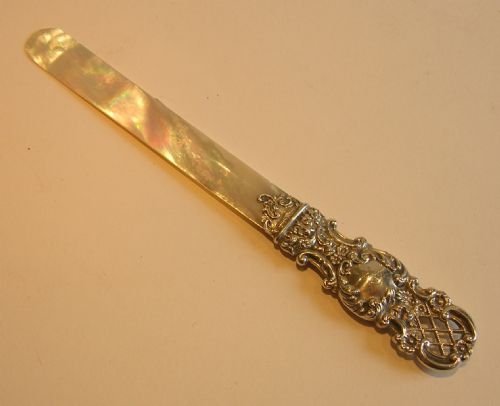 Antique English Mother of Pearl & Sterling Silver Paper Knife / Page Turner - 1895
