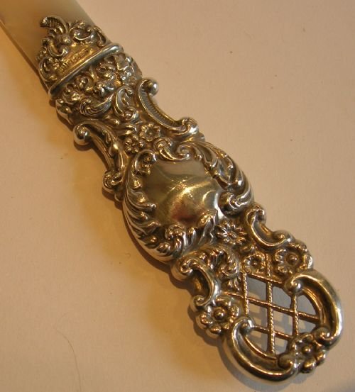 fig 1. Antique English Mother of Pearl & Sterling Silver Paper Knife / Page Turner - 1895