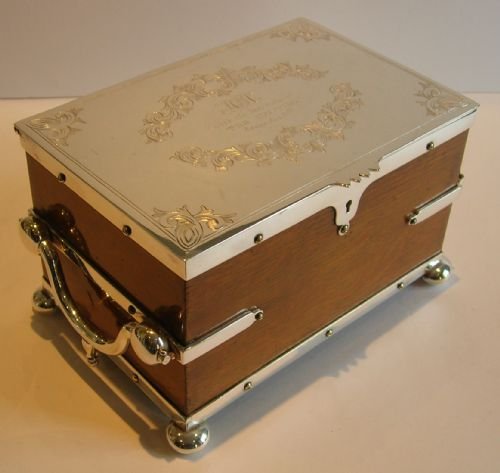 English Victorian Oak & Silver Plated Double Tea Caddy - Dated 1881