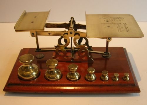 Antique English Mahogany & Brass Postal Scales - Fabulous Waisted Weights - Signed