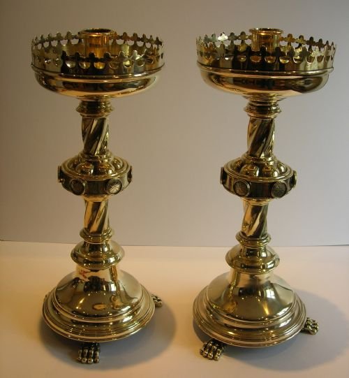 Grand Large Pair of Neo-gothic Candlesticks in the Manner of Hart, Son, Peard & Co