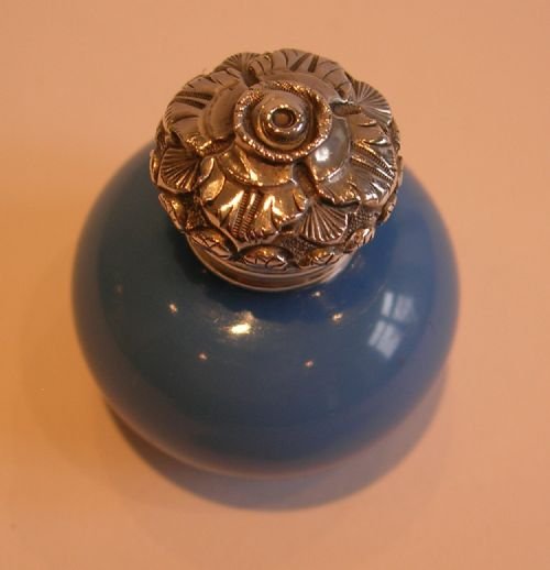 fig 1. Antique English Opaline Glass & Sterling Silver Vinaigrette c.1880