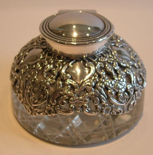Stunning English Glass & Sterling Silver Inkwell by Henry Matthews - 1901
