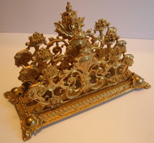 Fabulous Antique English Gilded Letter Rack / Stationery Holder - Cherub & Flowers