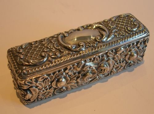 Large Antique English Sterling Silver Ring Box - Embossed Floral Decoration