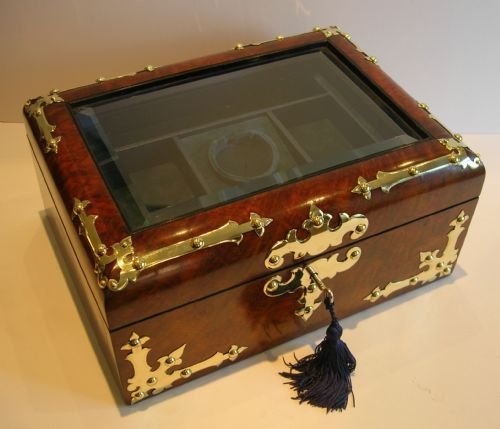 Large Brass Mounted Burl Walnut Jewelry Box C.1860 - Glazed Lid